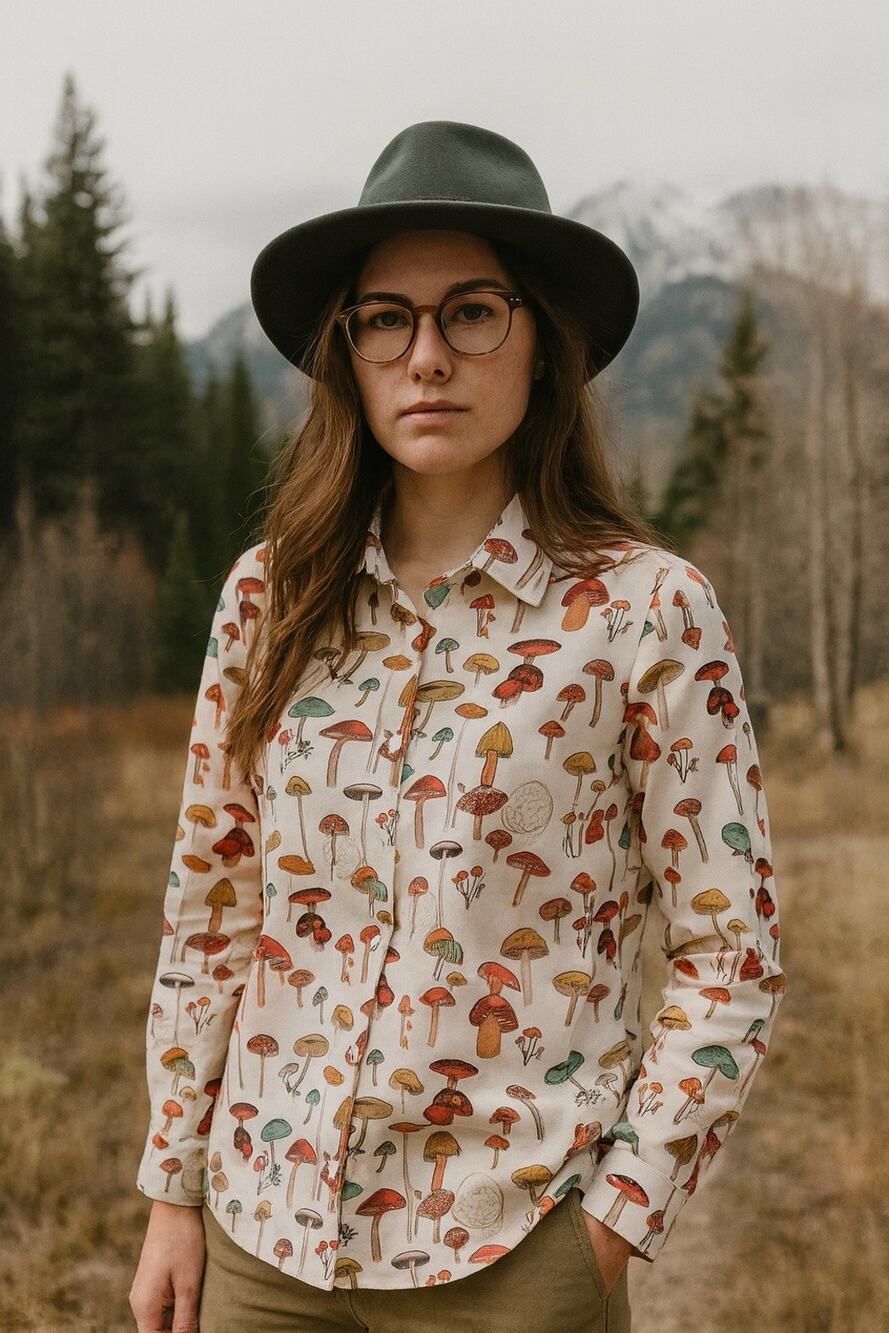 Mushroom Print Women’s ButtonUp Fairy Grunge Boho PolySpandex Cottagecore Top XL